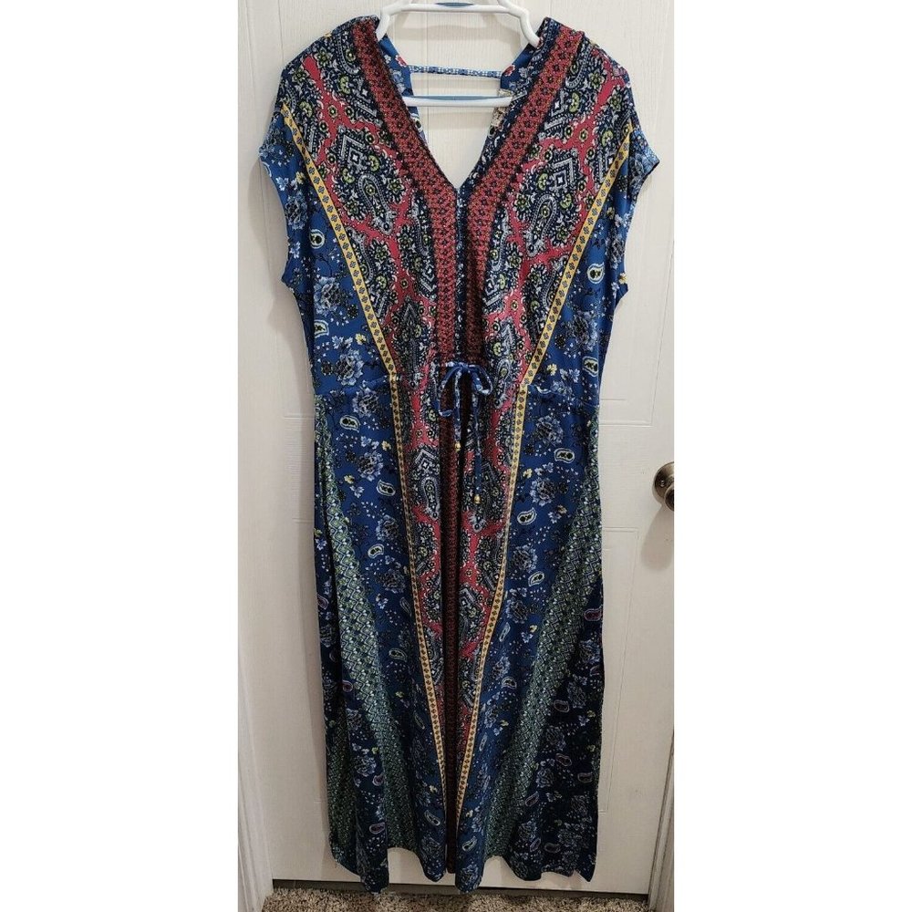 One World Women's Sleeveless Maxi‎ Dress Blue Multi Print Side Slits Boho Size L